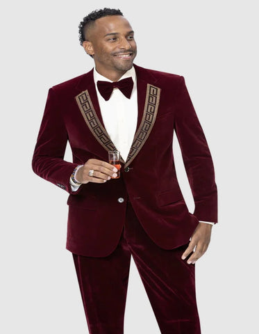 Mens Burgundy Prom Tuxedo - Maroon Wedding Dinner Chest Pocket Suit