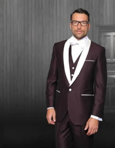 Burgundy Tuxedo - Maroon Burgundy Color - Men's Shawl Lapel Burgundy Tuxedo White