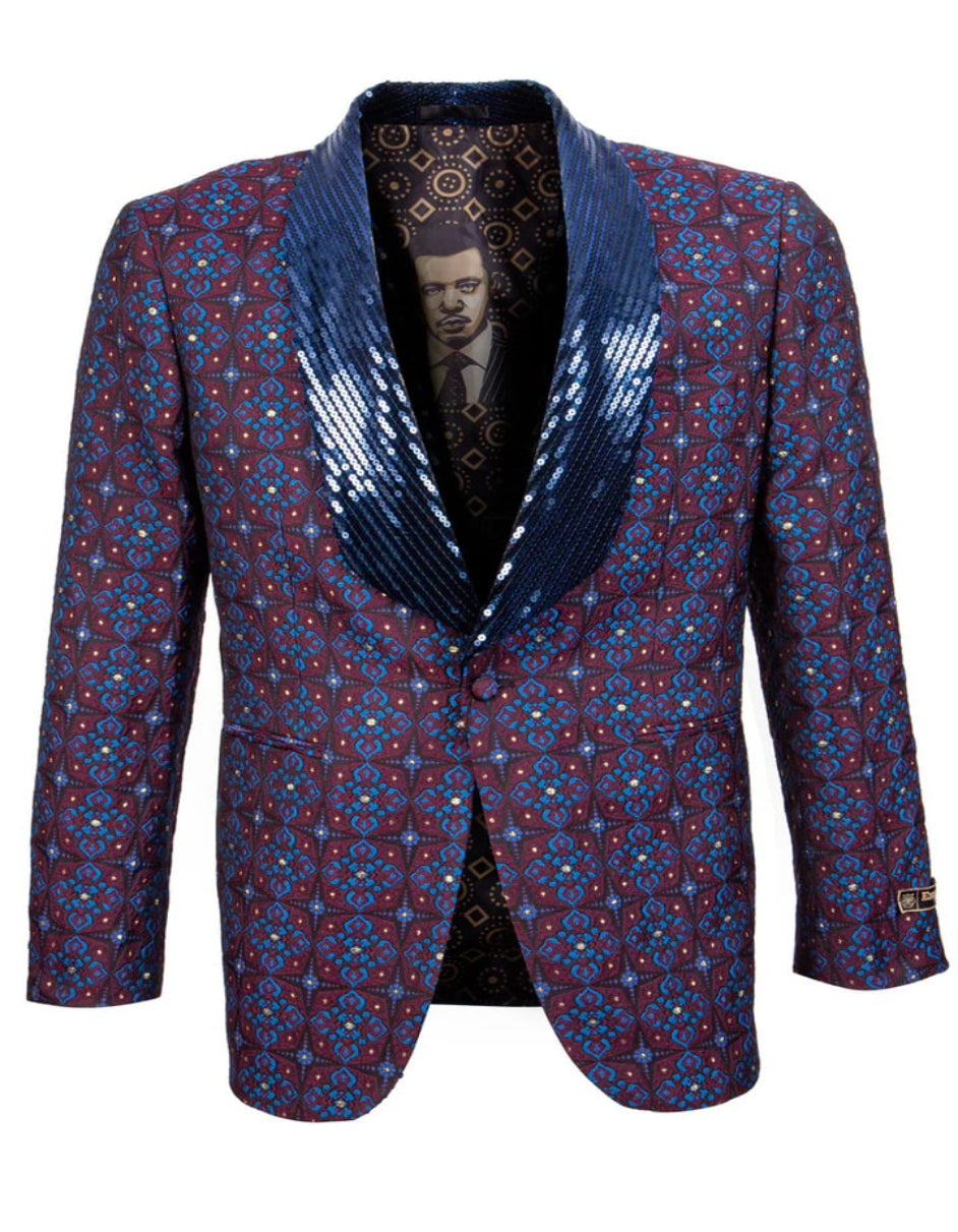Blue Wedding Tuxedo - Men's Morrocan Print Tuxedo Sequin Lapel Blue and Red Jacket