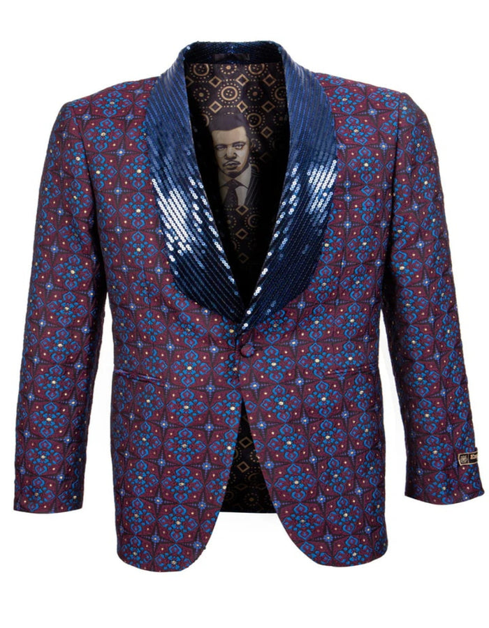Blue Wedding Tuxedo - Men's Morrocan Print Tuxedo Sequin Lapel Blue and Red Jacket