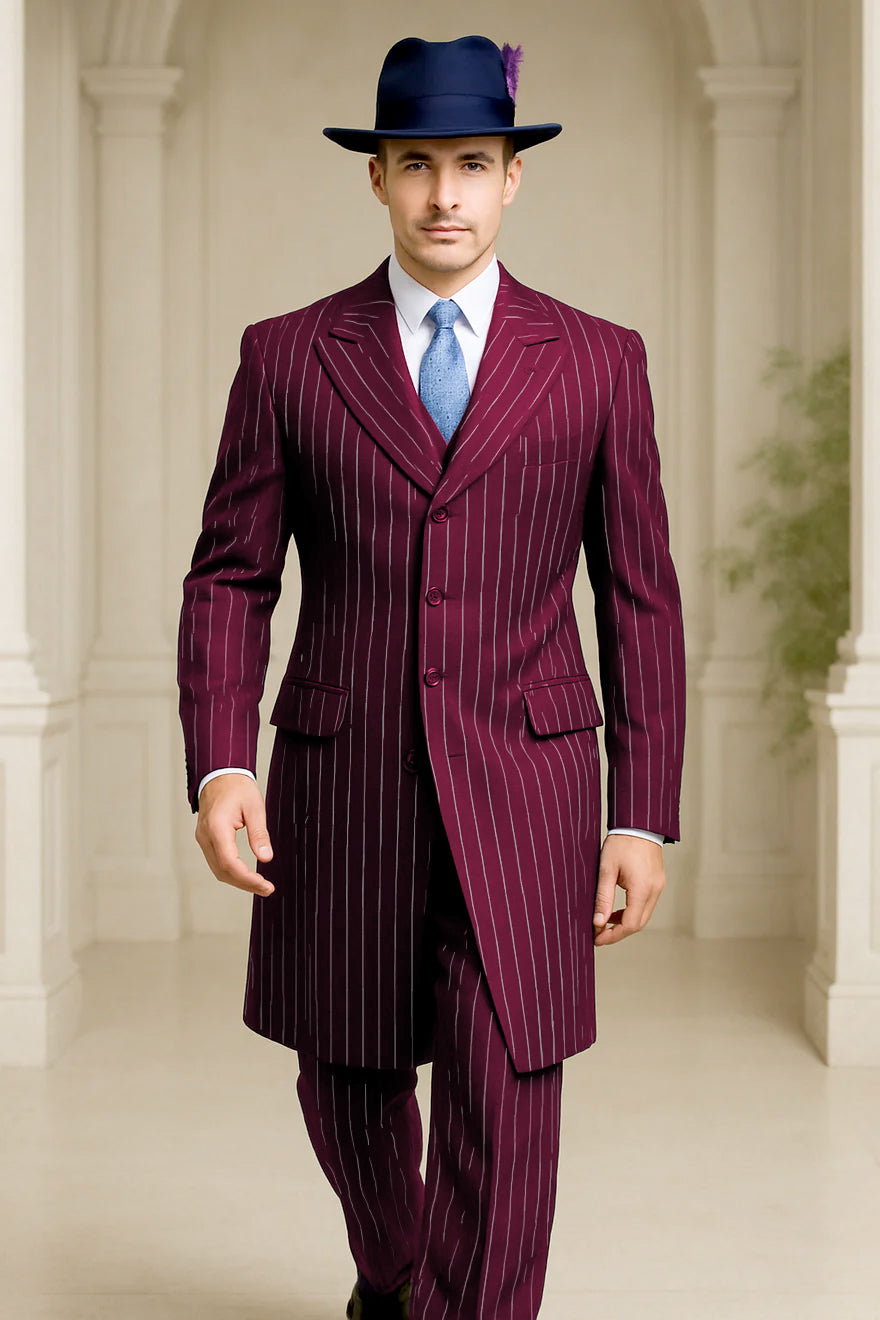 Mens Burgundy Pinstripe Suit  Classic Long Coat Style with White Stripes