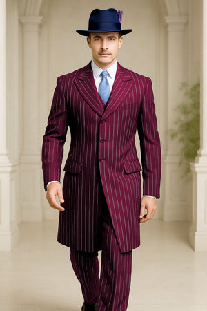 Mens Burgundy Pinstripe Suit  Classic Long Coat Style with White Stripes
