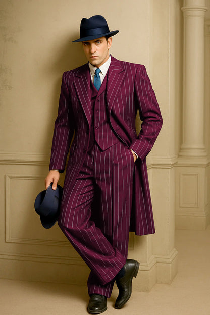 Mens Burgundy Pinstripe Suit  Classic Long Coat Style with White Stripes