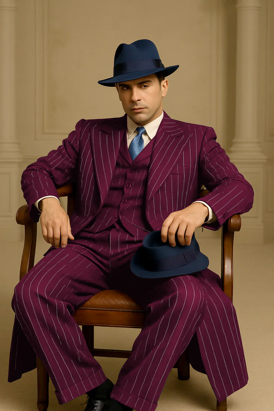 Mens Burgundy Pinstripe Suit  Classic Long Coat Style with White Stripes