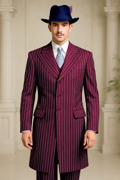 Mens Burgundy Pinstripe Suit  Classic Long Coat Style with White Stripes