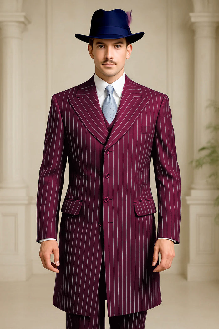 Mens Burgundy Pinstripe Suit Classic Long Coat Style with White Stripes