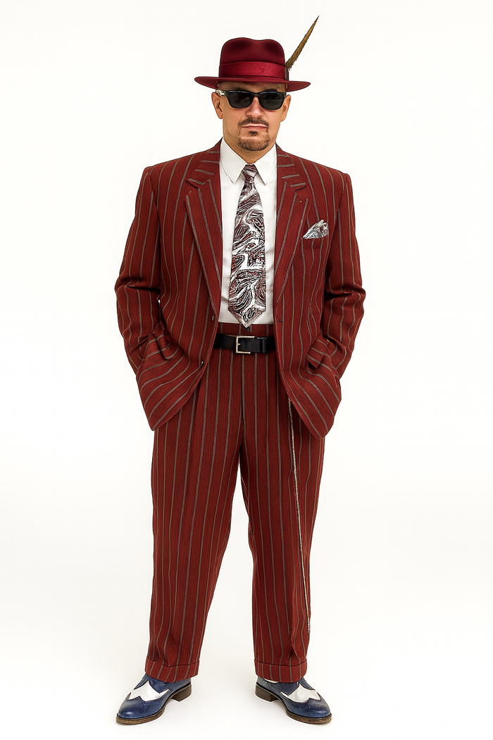 Burgundy Pinstripe Zoot Suit  3 Piece 1920s/1930s Gangster Outfit (Jacket and Pants and Vest) Vintage Fashion