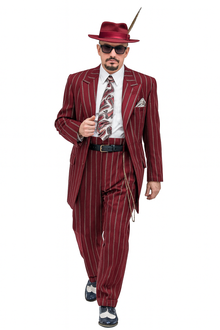 Burgundy Pinstripe Zoot Suit  3 Piece 1920s/1930s Gangster Outfit (Jacket and Pants and Vest) Vintage Fashion