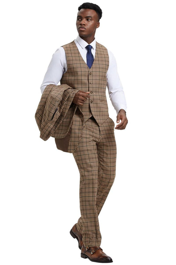 Men's Stacy Adams Vested Modern Fit Houndstooth Glen Plaid Suit in Camel & Green