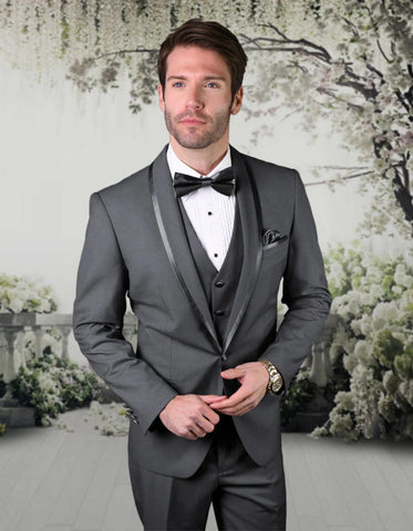 Statement Men's Charcoal Vested with Shawl Lapel Tuxedo and Bowtie