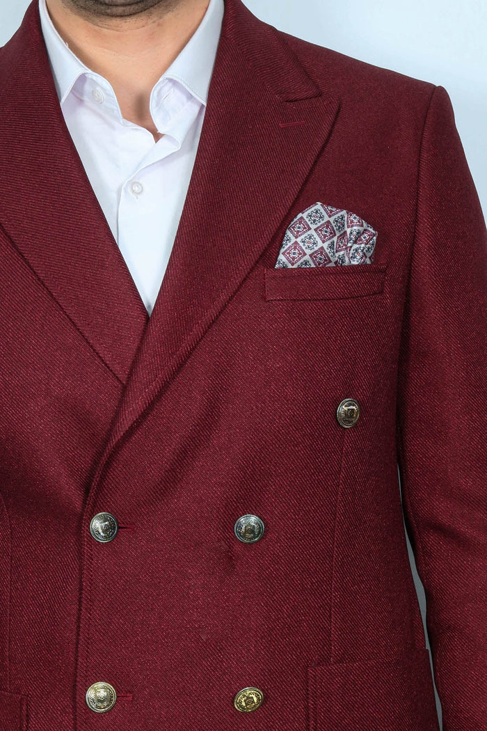 Mens Burgundy Slim Fit Blazer  Sharp Double Breasted Design