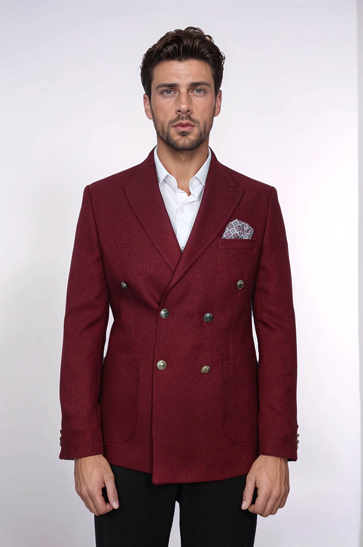 Mens Burgundy Slim Fit Blazer  Sharp Double Breasted Design