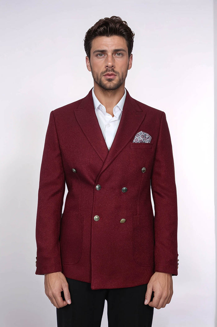Mens Burgundy Slim Fit Blazer  Sharp Double Breasted Design