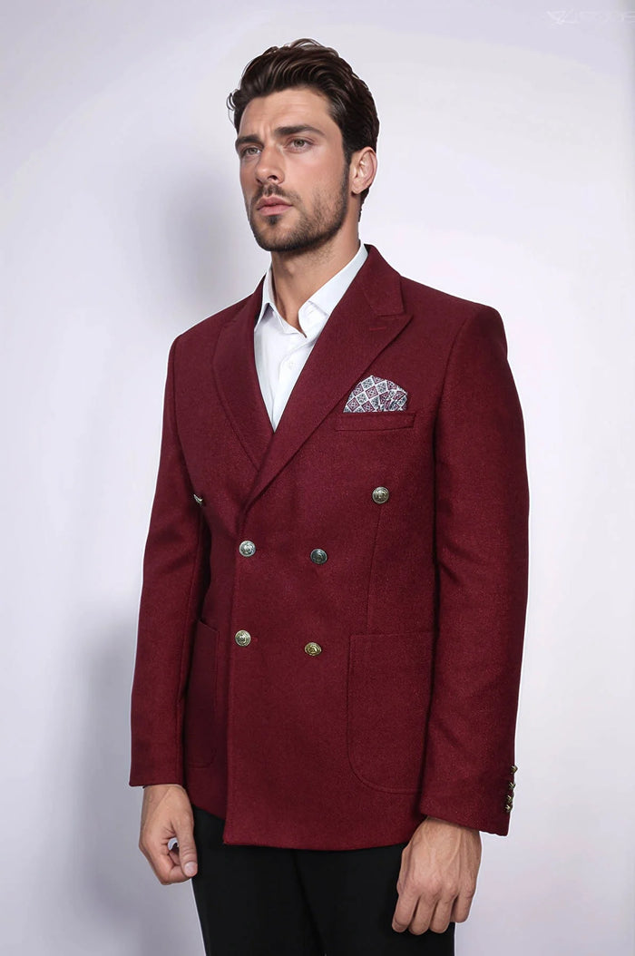 Mens Burgundy Slim Fit Blazer  Sharp Double Breasted Design