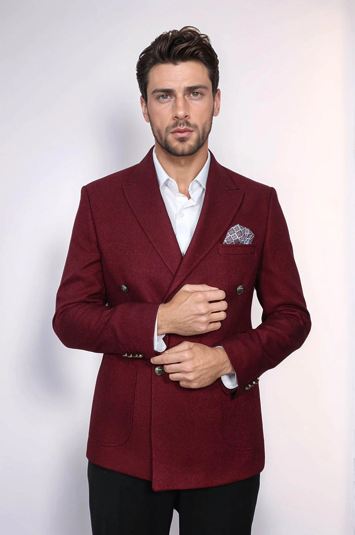 Mens Burgundy Slim Fit Blazer  Sharp Double Breasted Design