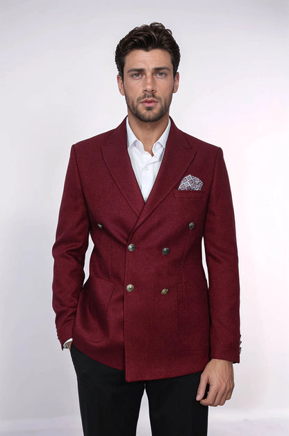 Mens Burgundy Slim Fit Blazer  Sharp Double Breasted Design