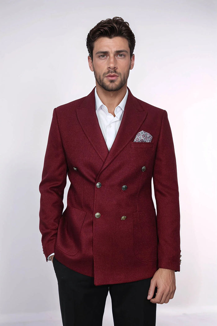 Mens Burgundy Slim Fit Blazer  Sharp Double Breasted Design