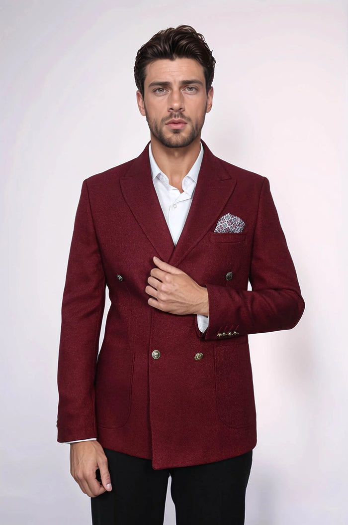 Mens Burgundy Slim Fit Blazer  Sharp Double Breasted Design