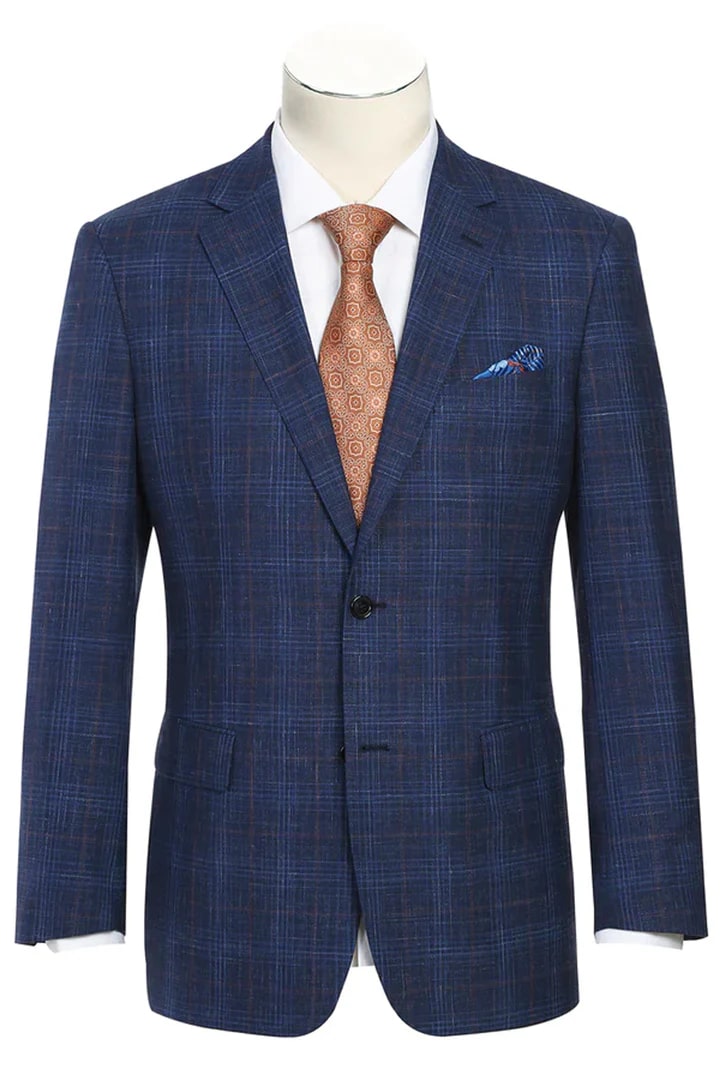 Saco vaquero - Western Sport Coat - Western Blazer   - Mens Classic Fit Two Button Wool & Linen Sport Coat Blazer In Blue Windowpane Plaid