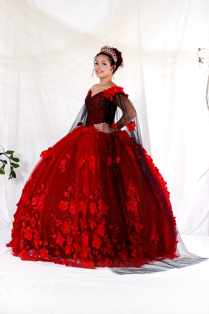Floral Quinceanera Dress Off-Shoulder Cape Sleeve Ball Gown by Calla SCL-30007