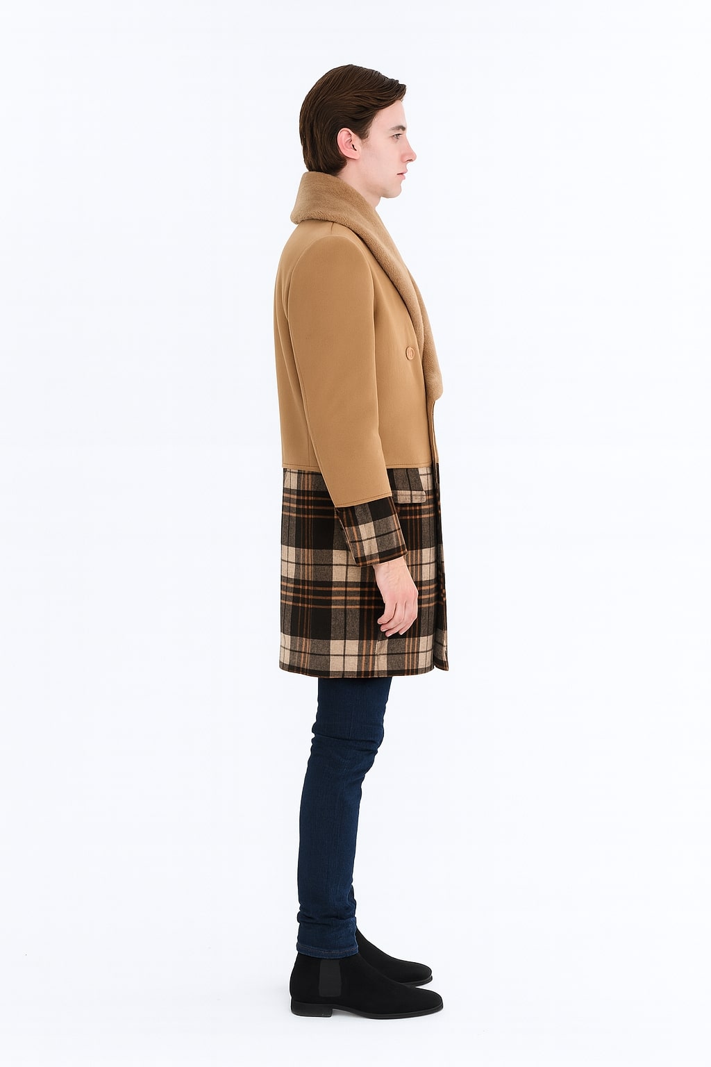 Mens Camel Brown Shawl Collar Overcoat with Plaid Wool Bottom  Double-Breasted Winter Topcoat With Fur Collar