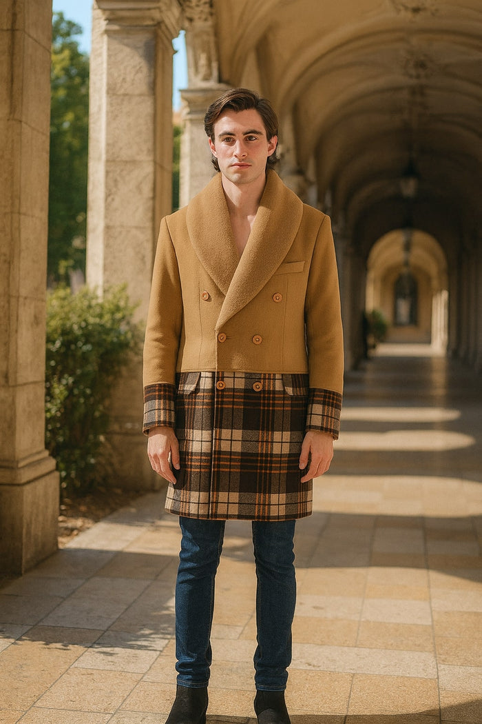 Mens Camel Brown Shawl Collar Overcoat with Plaid Wool Bottom  Double-Breasted Winter Topcoat With Fur Collar