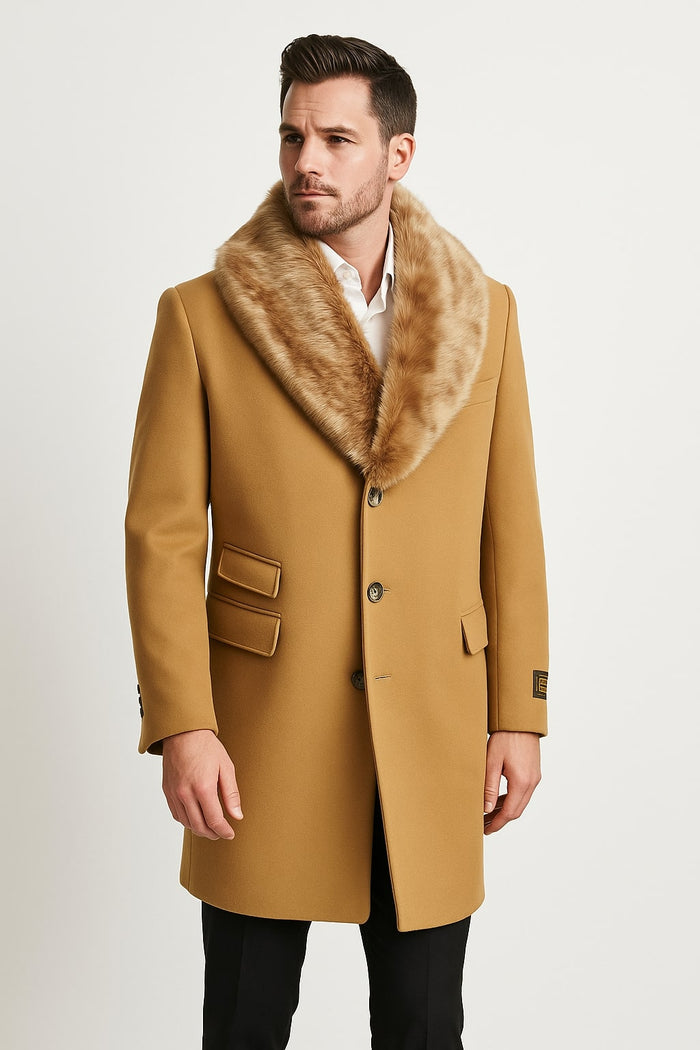 Mens Camel Overcoat with Light Faux Fur Collar  Single-Breasted Wool Dress Coat