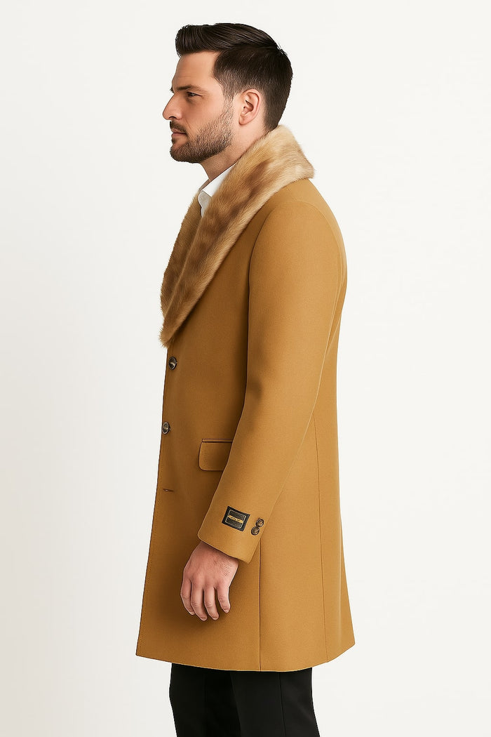 Mens Camel Overcoat with Light Faux Fur Collar  Single-Breasted Wool Dress Coat