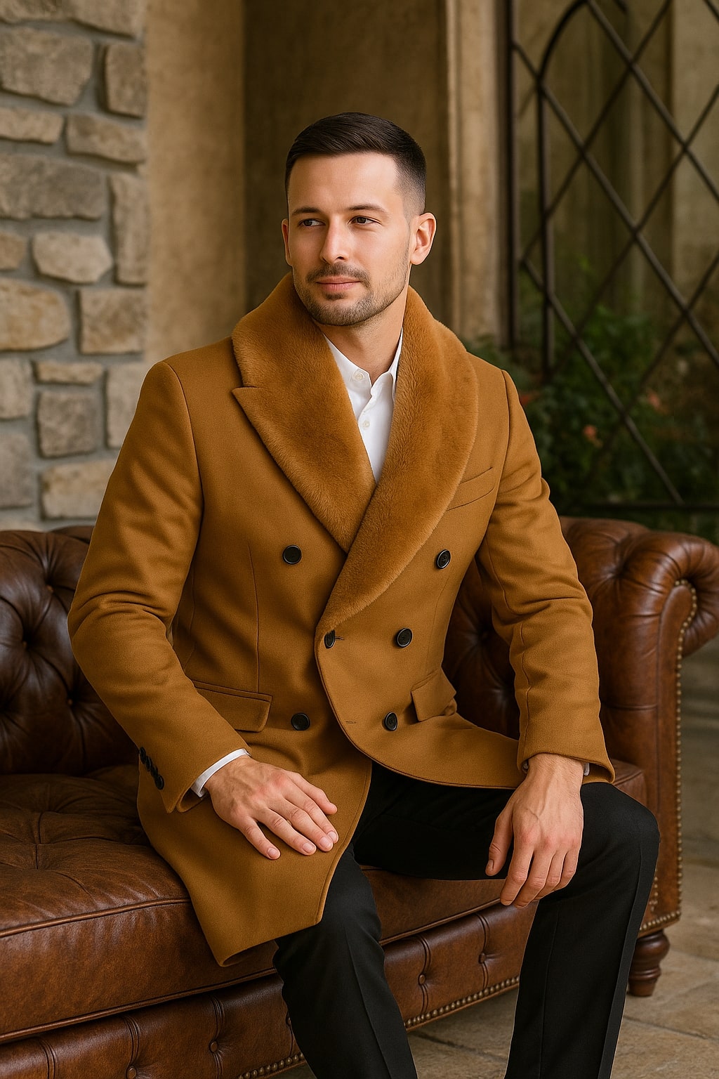 Mens Camel Wool Overcoat with Faux Fur Shawl Collar  Double-Breasted Winter Dress Coat