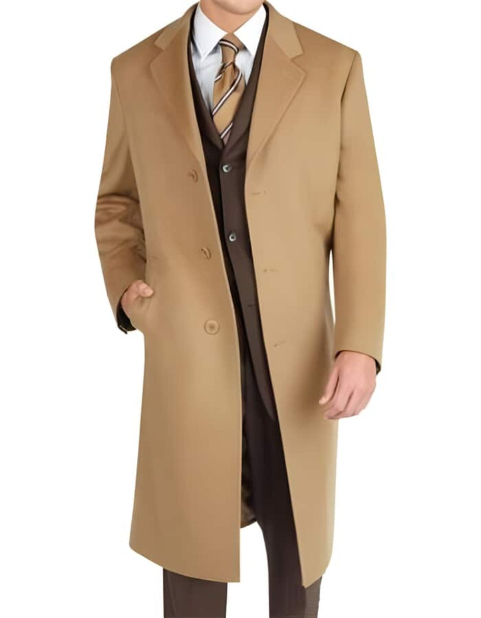 Coat Mens Overcoat - Topcoat For Men - Winter Fabric - men's Dress Coat Long Wool Winter Dress Knee Length Coat Camel ~ Khaki Wool and Cashmere Long men's Dress Topcoat