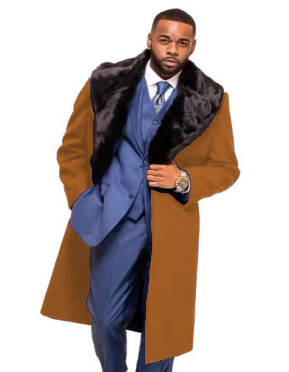 Men's Dark Navy Blue Wool Overcoat with Fur Collar, Winter Coat for Male Men's Dark Navy Blue Wool Overcoat with Fur Collar, Winter Coat for Male