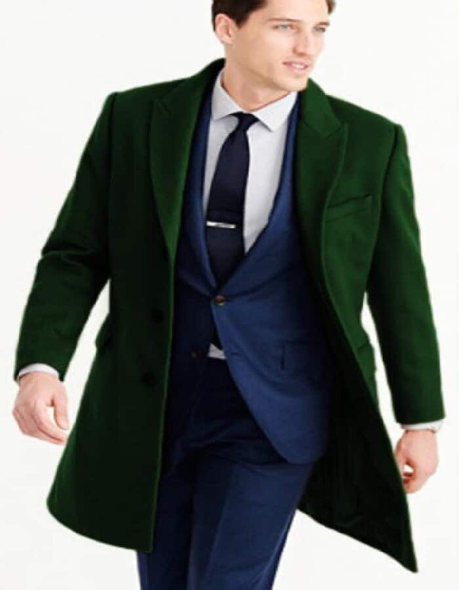 Mens Wool Carcoat - Hunter Green Three Quarter Peak Lapel Topcoat - Men's Tuxedo USA