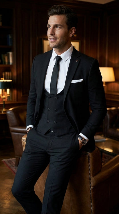 Men’s Black 2 Button Suit with Double Breasted Vest, White Shirt and Black Tie Formal Set