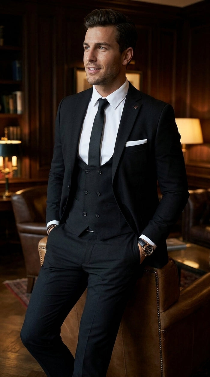 Men’s Black 2 Button Suit with Double Breasted Vest, White Shirt and Black Tie Formal Set