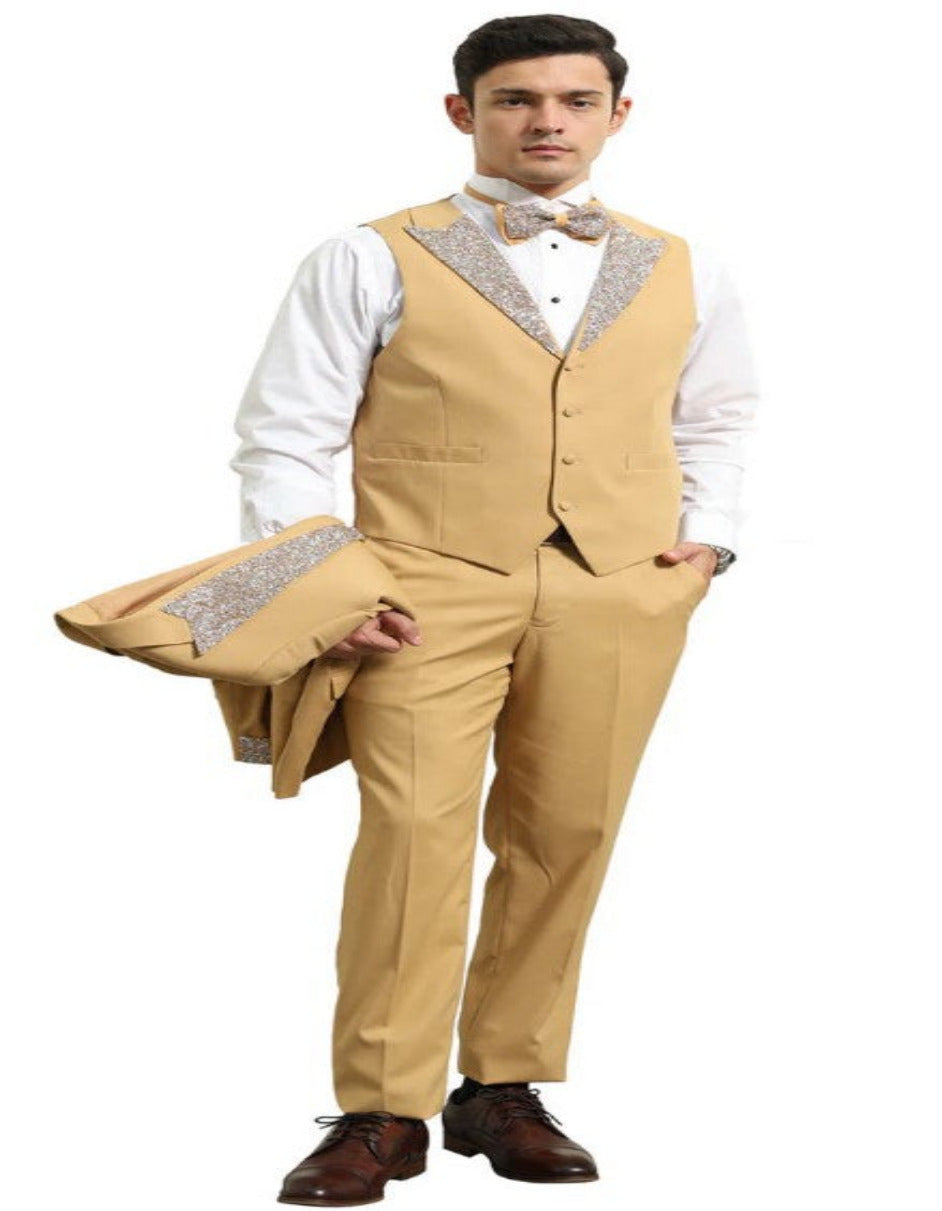 Champagne Prom Tuxedo - Perfect Wedding Suit Vested Rhinestone Lapelled