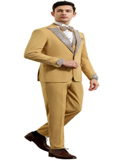 Champagne Prom Tuxedo - Perfect Wedding Suit Vested Rhinestone Lapelled