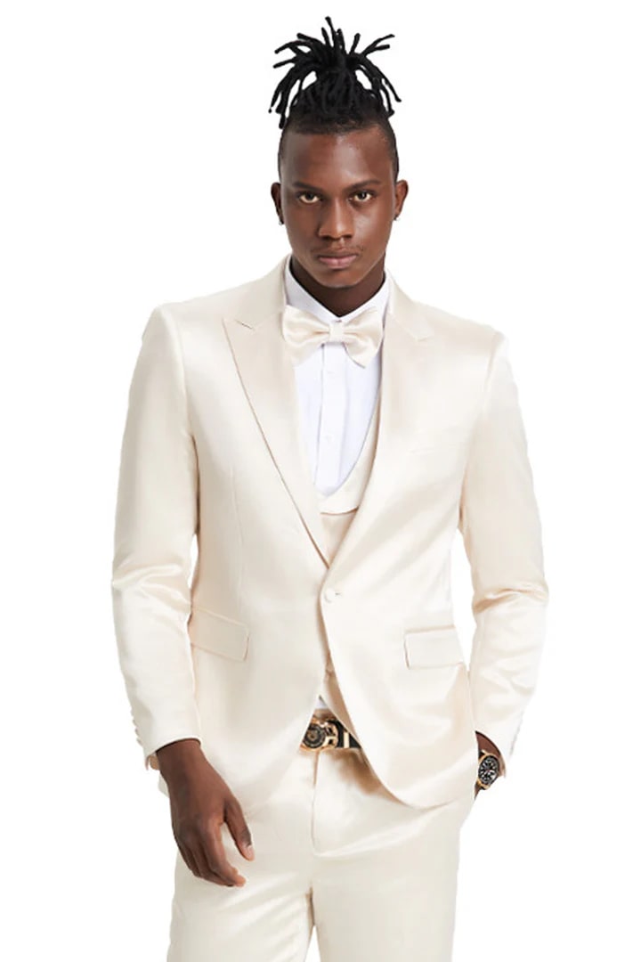 Men's One Button Vested Shiny Satin Sharkskin Prom & Wedding Party Suit Champagne