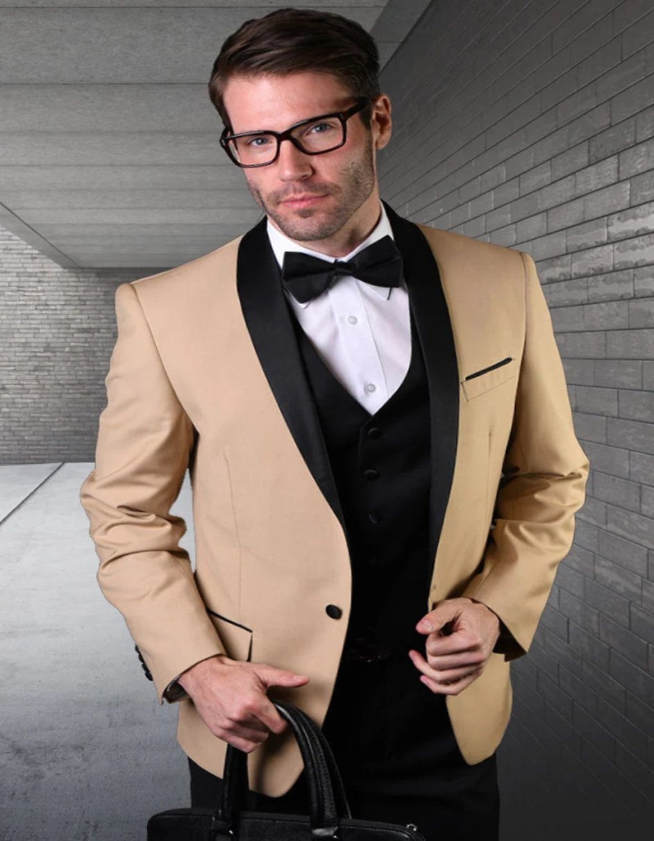 Mens Khaki Color Tuxedo - Mens Vested Classic Dinner Jacket Champagne Tan Wedding Tuxedo