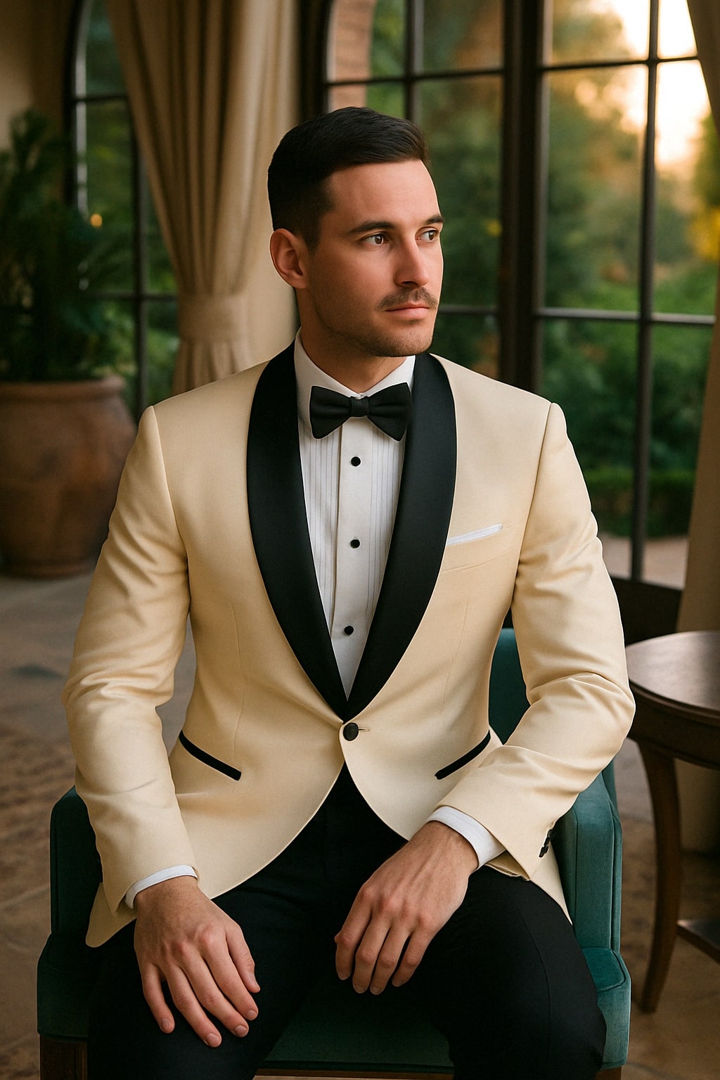 Mens Champagne Light Tan Tuxedo Jacket with Black Shawl Lapel  Classic One-Button Formal Dinner Jacket - Nude Color