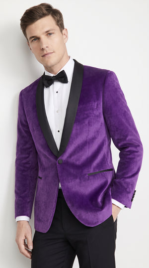 Men’s Purple Velvet Tuxedo Dinner Jacket – One Button Black Shawl Lapel Formal Blazer for Prom, Wedding and Party