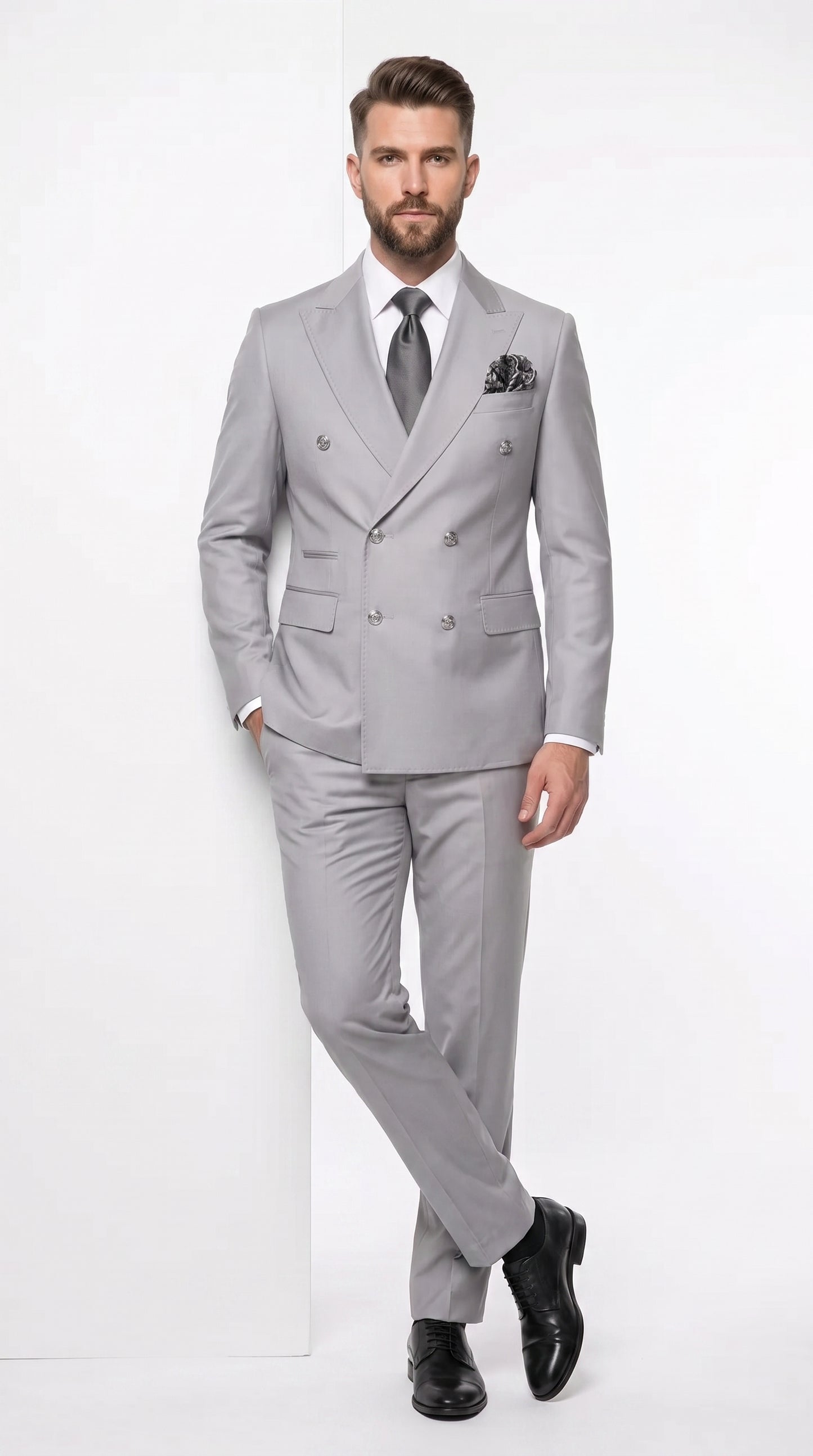 Rossi Man Men’s Silver Double Breasted Suit, Modern Fit Formal Wedding Prom Business Suit