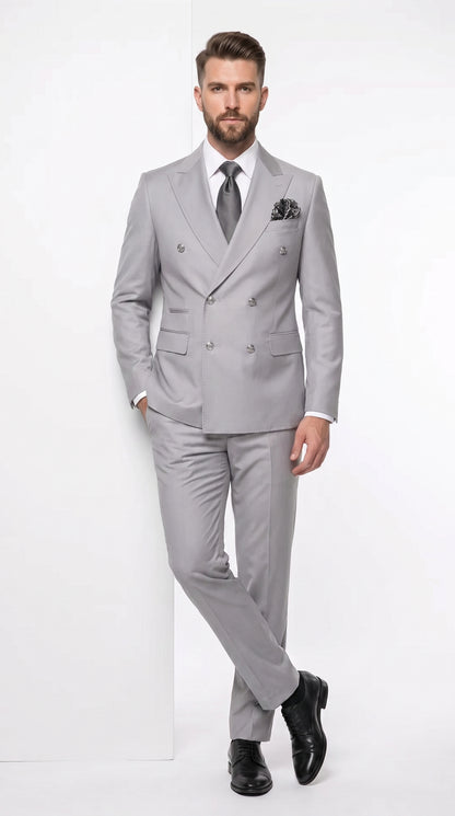 Rossi Man Men’s Silver Double Breasted Suit, Modern Fit Formal Wedding Prom Business Suit