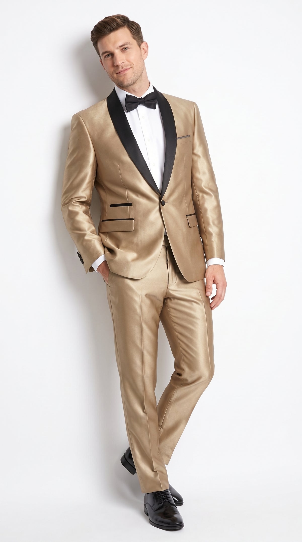 Men’s Champagne 2-Piece Tuxedo Suit with Black Shawl Lapel – Wedding & Prom