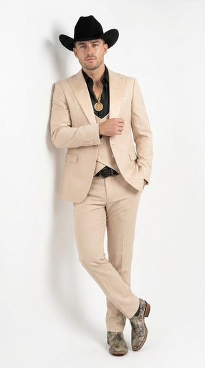 Men’s Light Beige Western 3 Piece Suit, Cowboy Tuxedo with Shawl Lapel