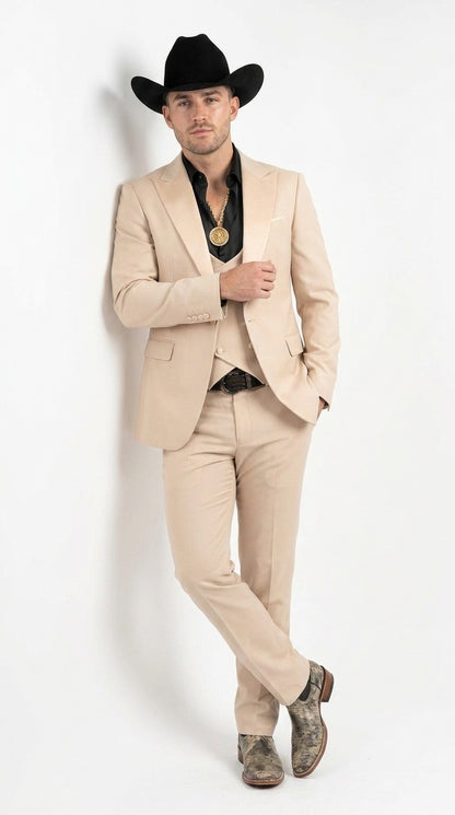 Men’s Light Beige Western 3 Piece Suit, Cowboy Tuxedo with Shawl Lapel