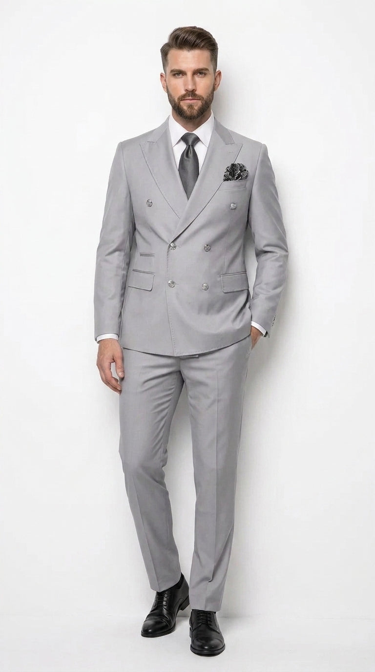 Rossi Man Men’s Silver Double Breasted Suit, Modern Fit Formal Wedding Prom Business Suit