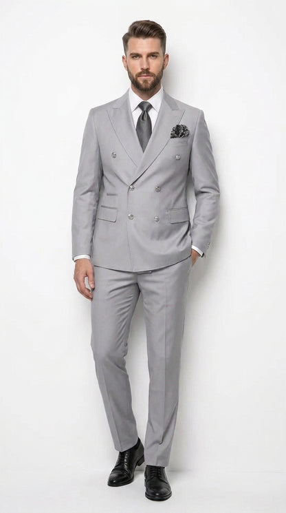 Rossi Man Men’s Silver Double Breasted Suit, Modern Fit Formal Wedding Prom Business Suit