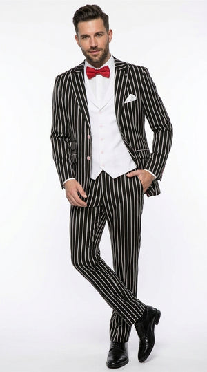 Men’s Black 1920s Bold Pinstripe Gangster Suit with Vest, Vintage Formal Party Dress Suit