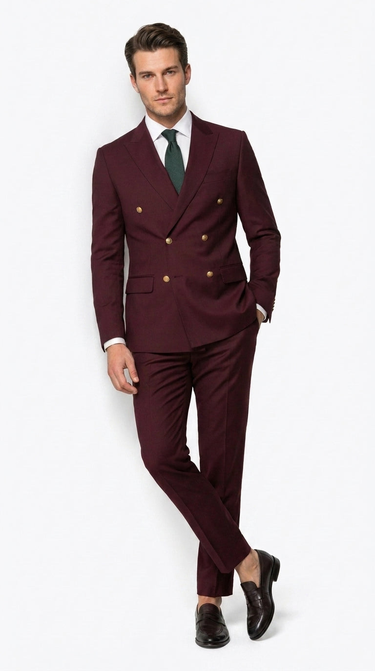Men’s Burgundy Slim Fit Double Breasted Suit with Gold Buttons, Designer Formal Wedding Suit