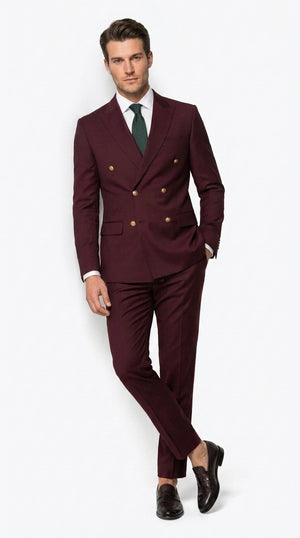 Men’s Burgundy Slim Fit Double Breasted Suit with Gold Buttons, Designer Formal Wedding Suit